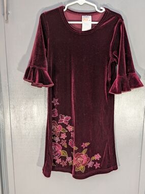 Vintage Y2K Simply Basic Burgundy Velvet Bell Sleeve Dress Floral Glitter Girls